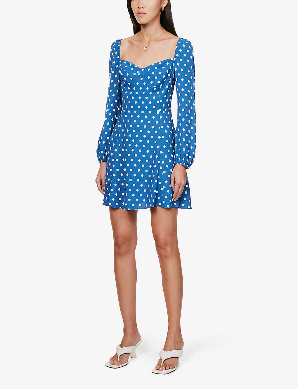 reformation polka dot dress Reformation Blue Mochi Polka Dot Mini Dress – House Of Huntington