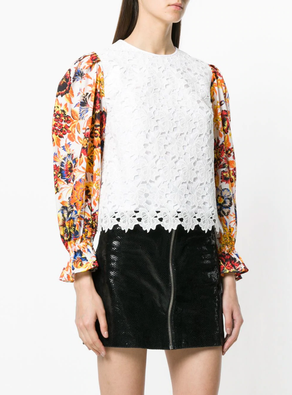 MSGM 플로럴 벌룬 퍼프 슬리브 화이트 레이스 탑