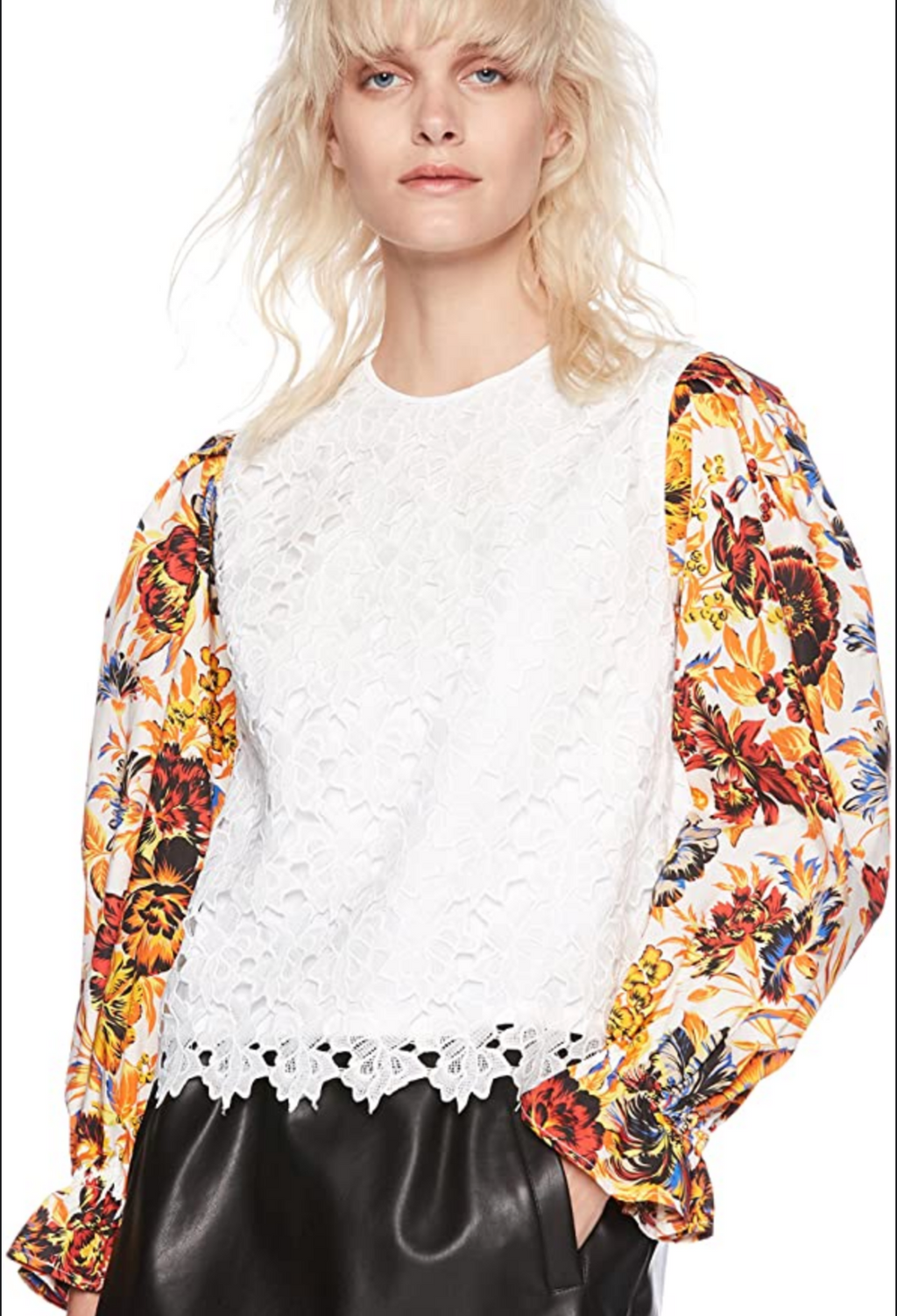 MSGM Floral Balloon Puff Sleeves White Lace Top