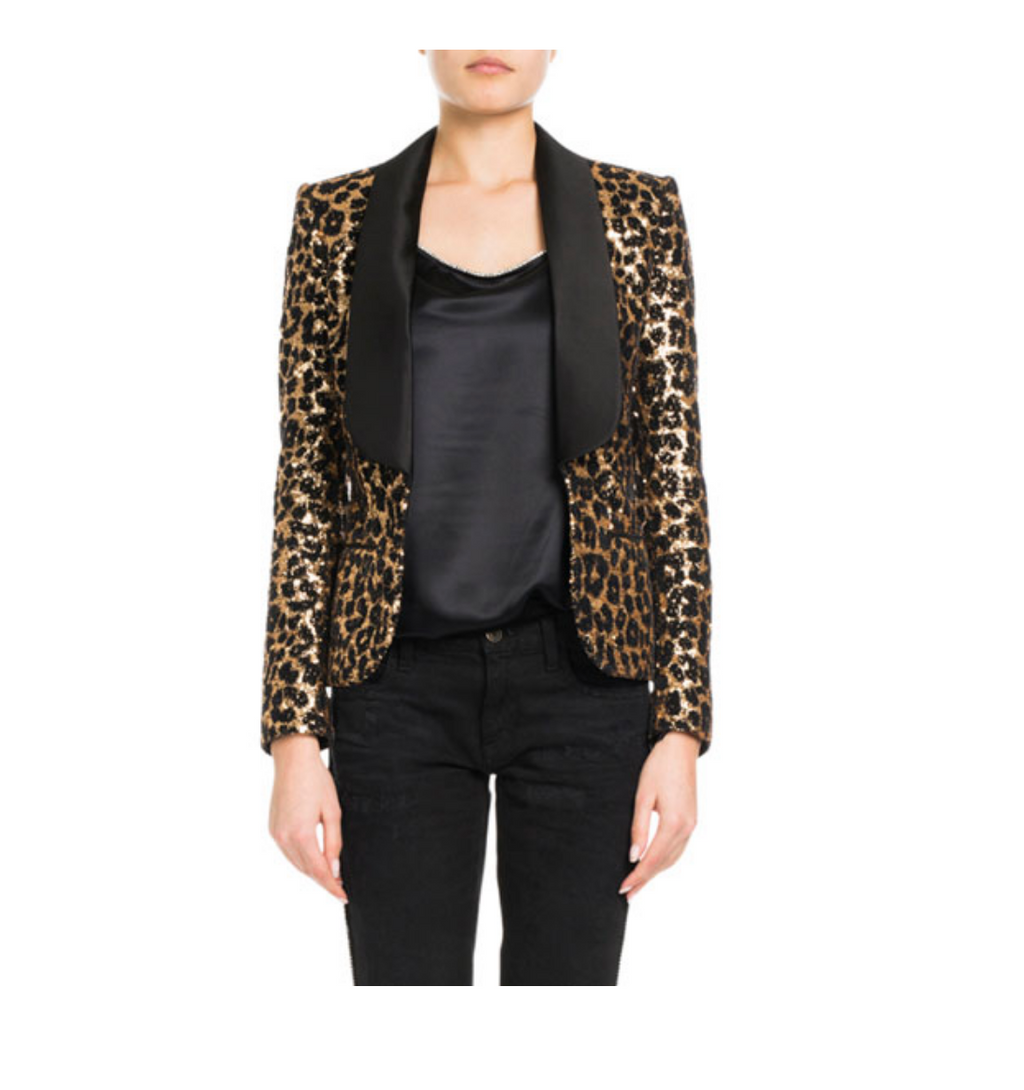 REDEMPTION Shawl Lapel Leopard-Print Sequins Smoking Blazer - House Of Huntington