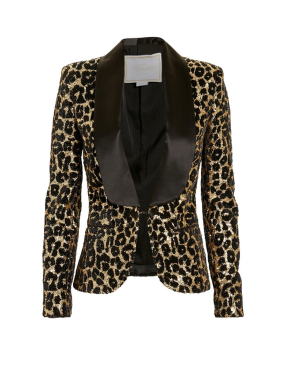 Shawl Lapel Leopard Print Sequins Smoking Blazer