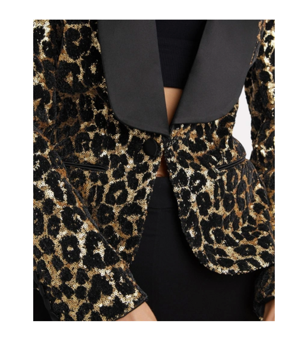 REDEMPTION Shawl Lapel Leopard-Print Sequins Smoking Blazer - House Of Huntington