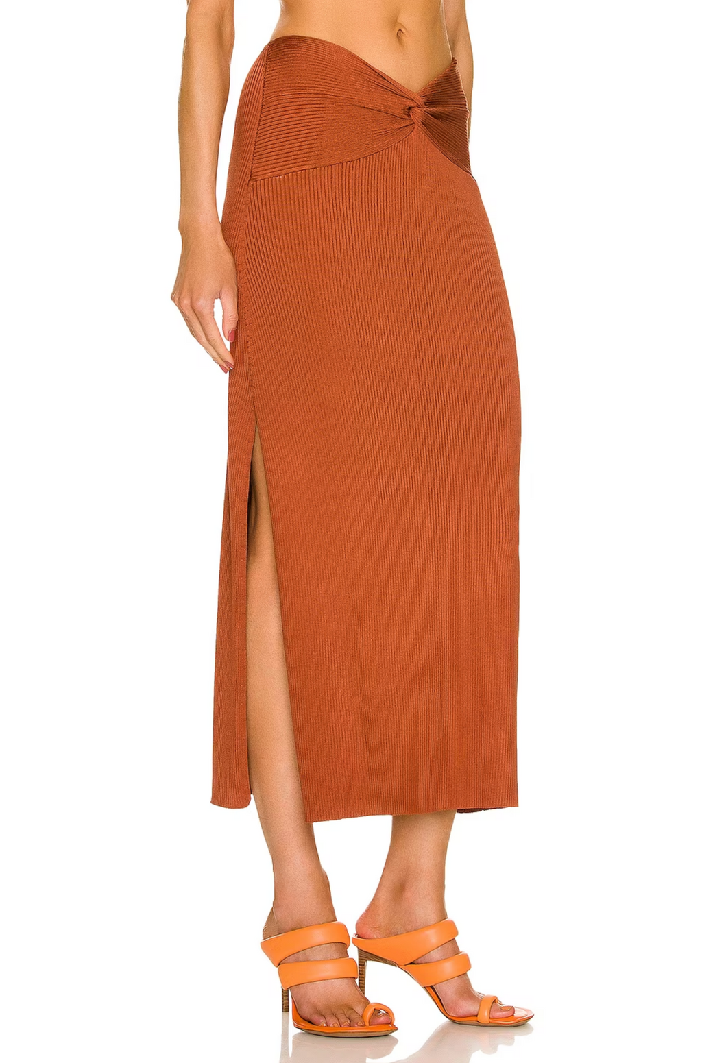 Cult Gaia Kana Ribbed Knit Twist Detail Slit Skirt in Amber - House Of Huntington