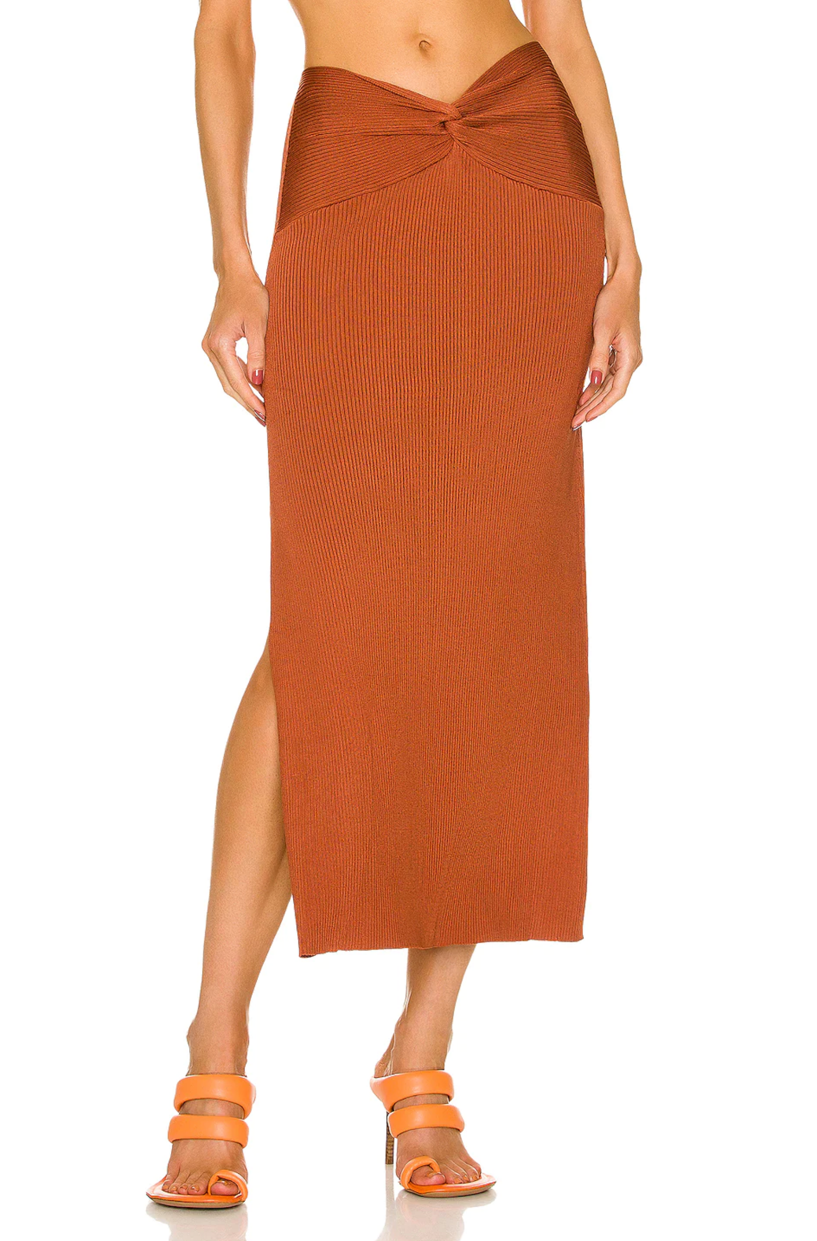 Cult Gaia Kana Ribbed Knit Twist Detail Slit Skirt in Amber - House Of Huntington