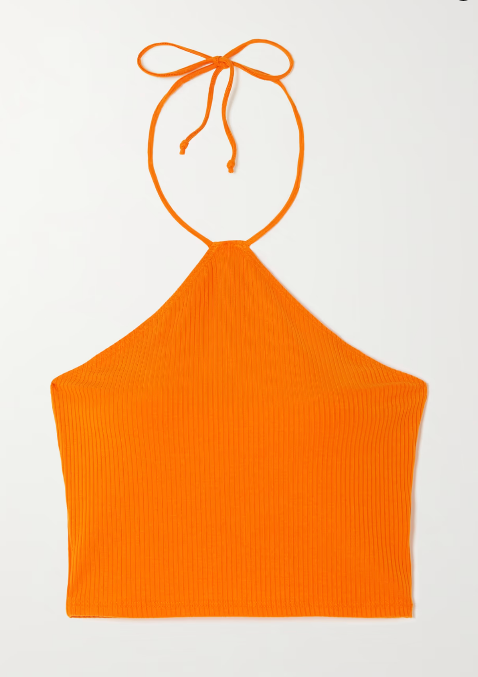 Reformation Aversa Cropped Ribbed Stretch-Knit Halterneck Top In Orange - House Of Huntington