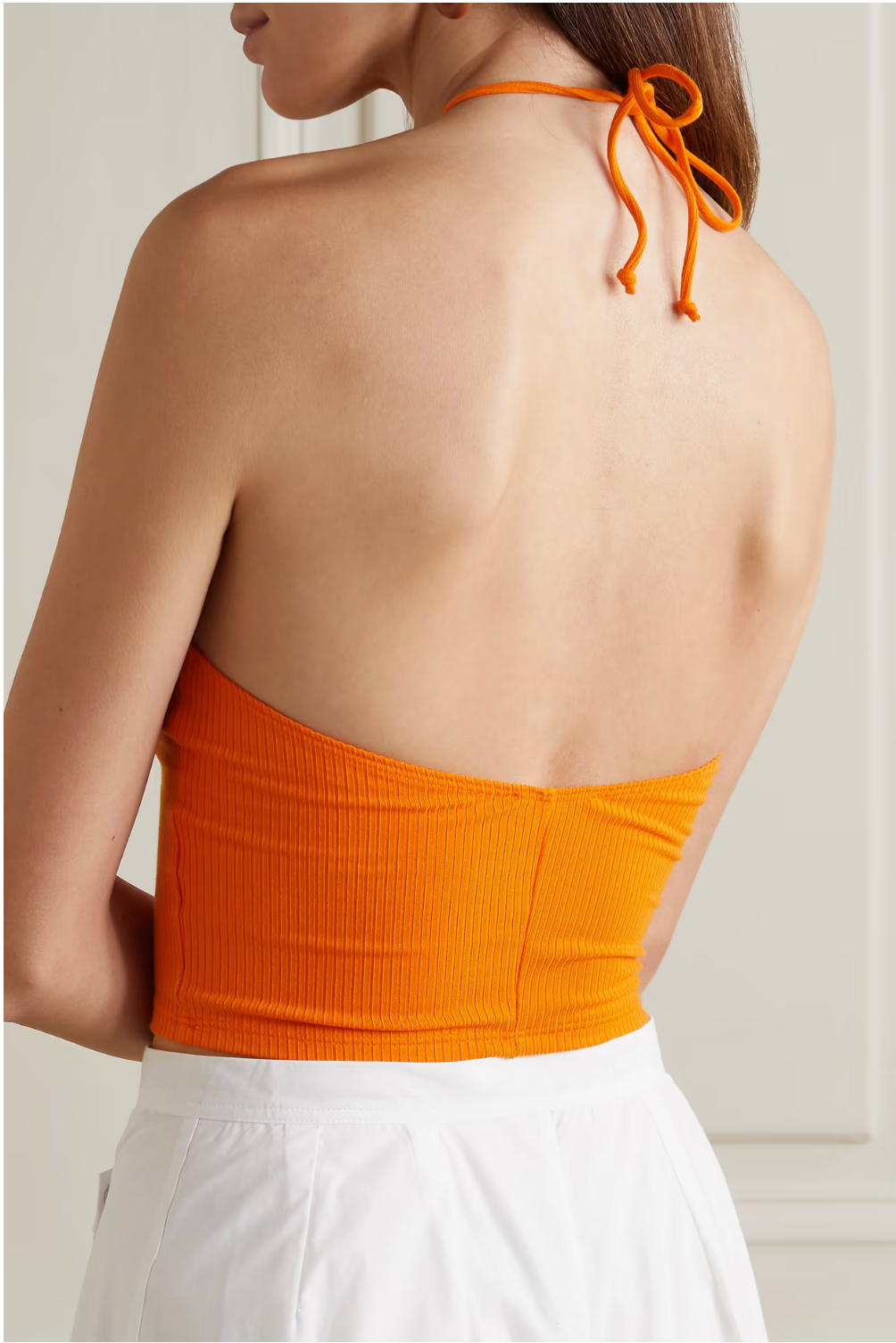 Reformation Aversa Cropped Ribbed Stretch-Knit Halterneck Top In Orange - House Of Huntington