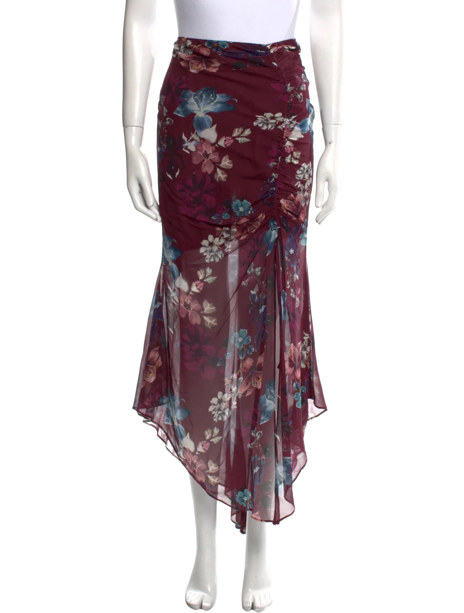 Nicholas Burgundy Floral Ruched Silk Asymmetric Skirt - House Of Huntington