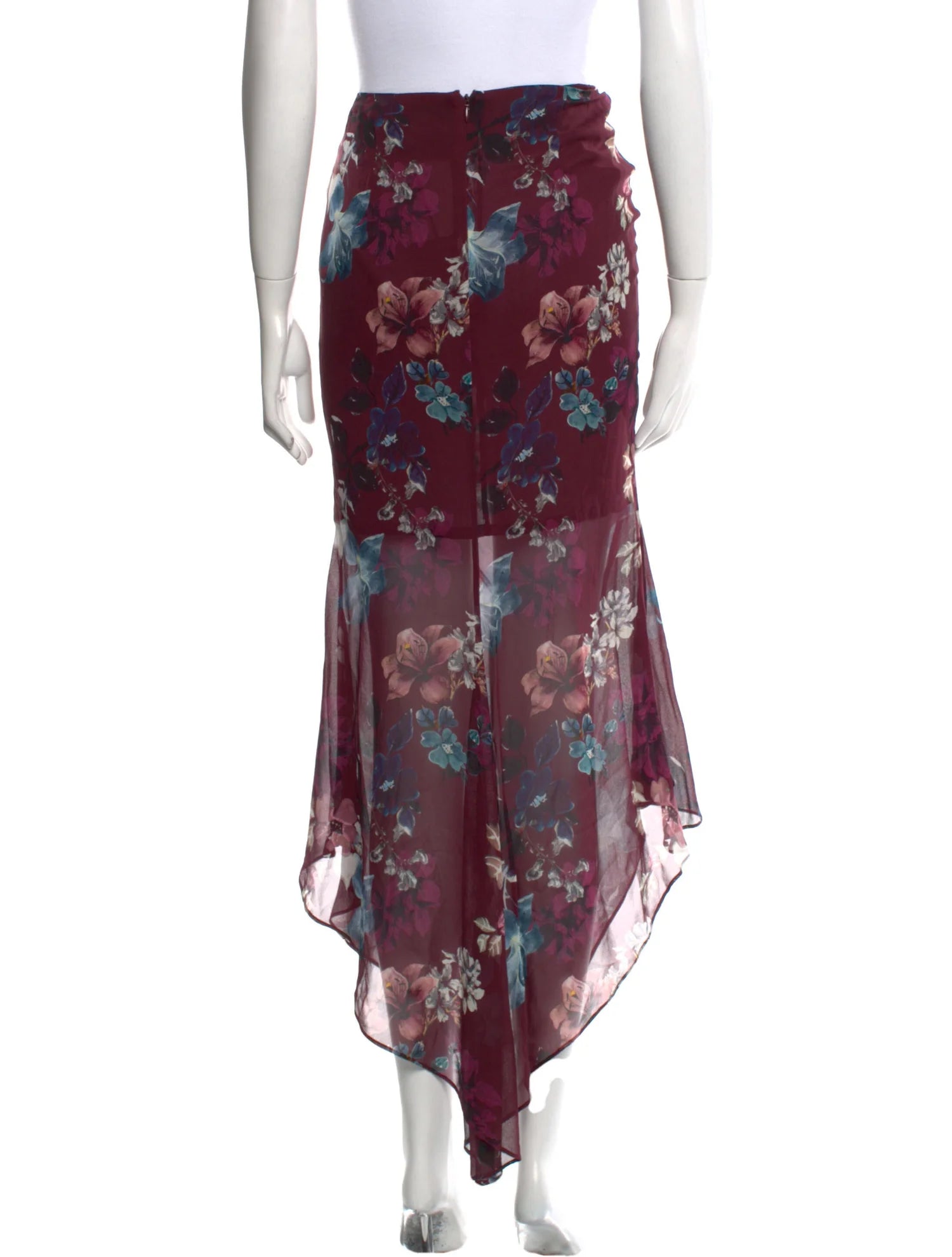Nicholas Burgundy Floral Ruched Silk Asymmetric Skirt - House Of Huntington