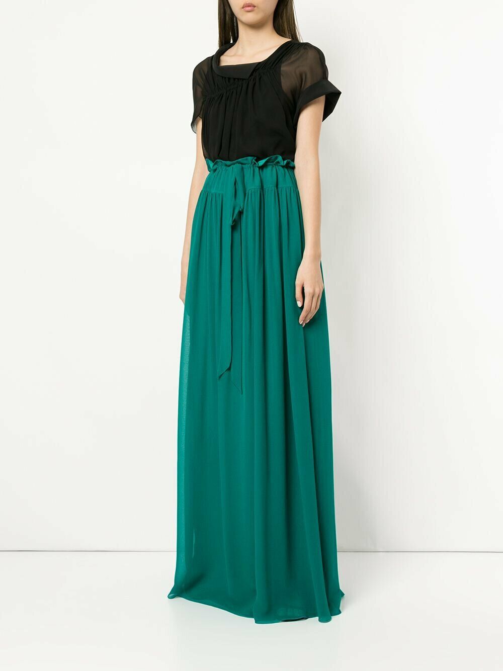LANVIN Green Pleat Silk Crepe Long Maxi Tie-Waist Skirt