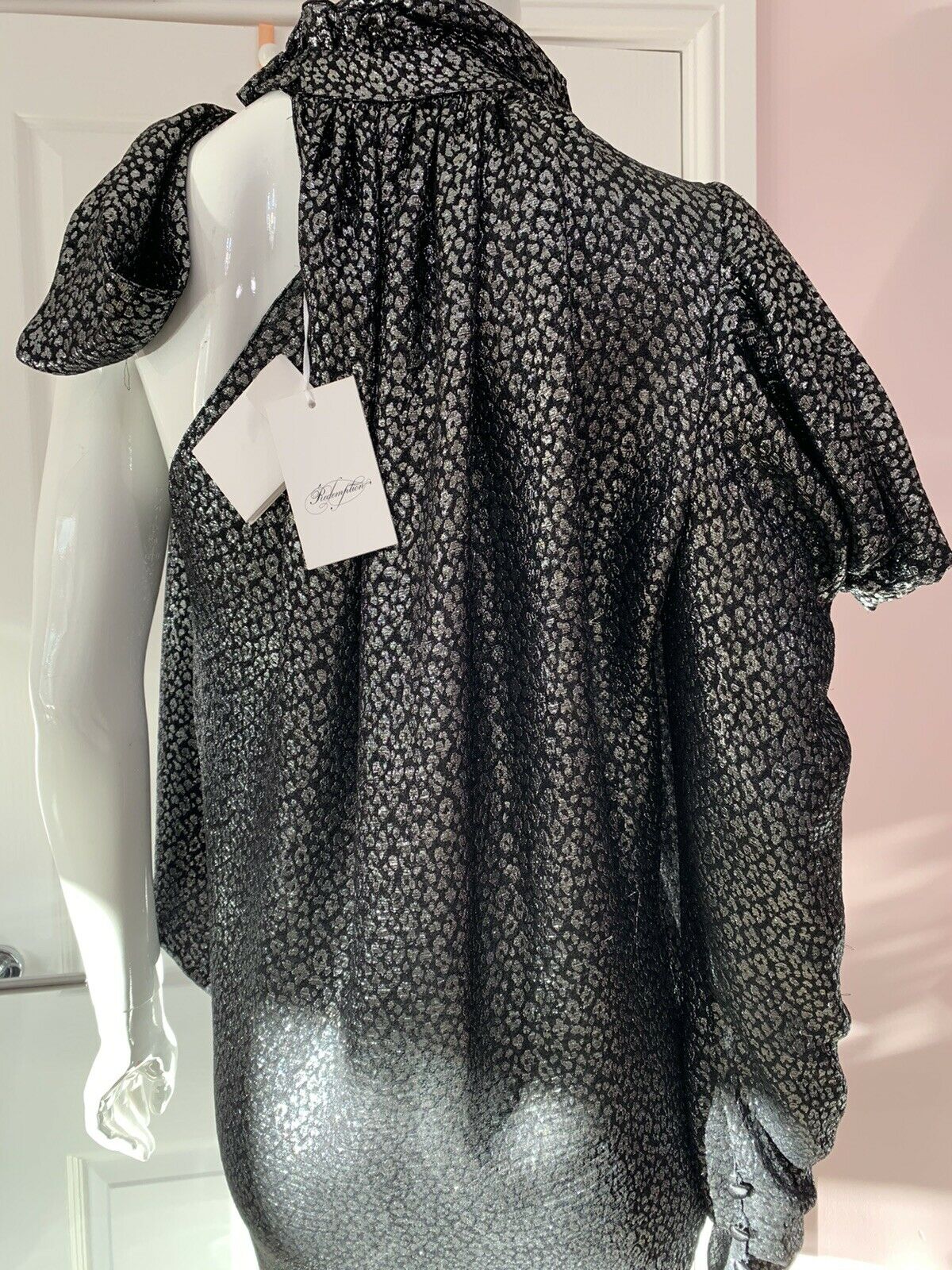 REDEMPTION Metallic Jacquard High Neck One Shoulder Dress - House Of Huntington