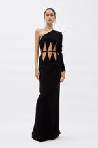MONOT Black One Shoulder Diamond Cut Out Evening Black Dress Gown - House Of Huntington