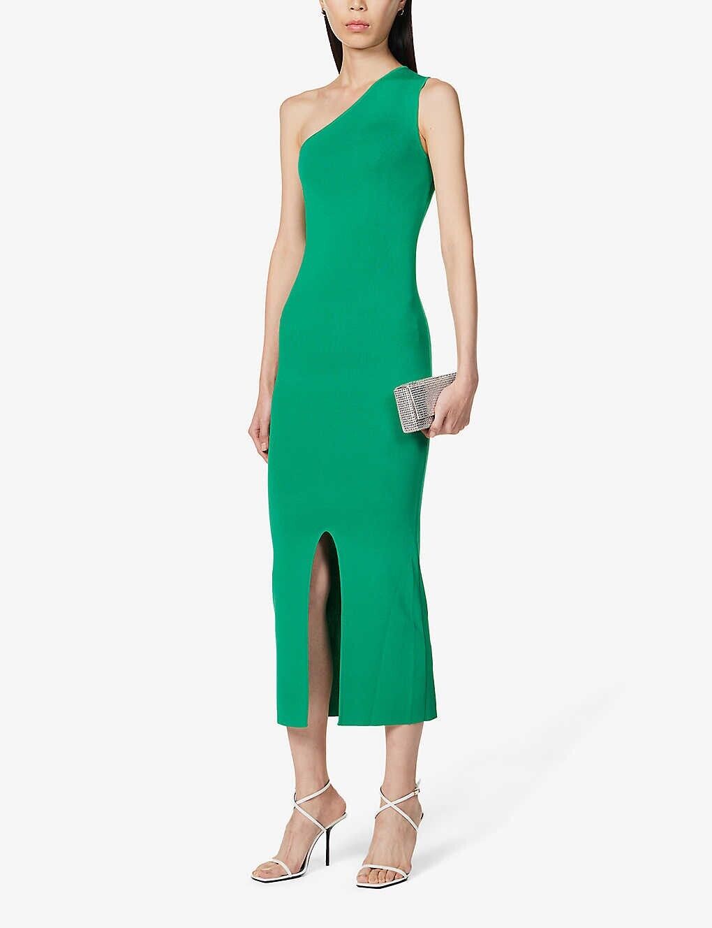 Federica One Shoulder Stretch Woven Midi Slit Hem Dress