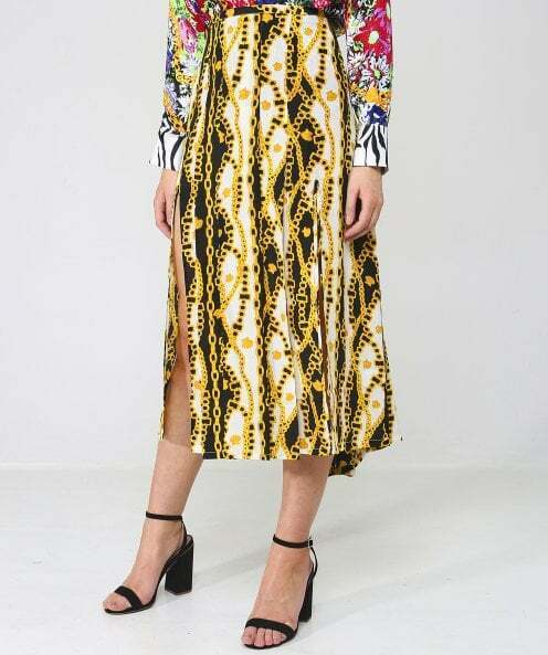 Rixo London Georgia Gold Shell Chain Print Slit Leg Silk Midi Skirt - House Of Huntington