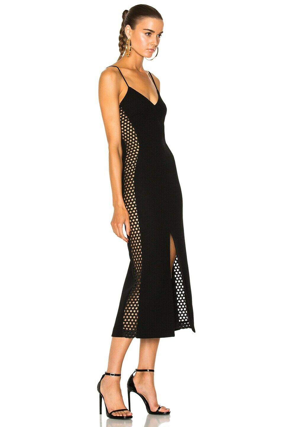 DAVID KOMA Side Panel Midi Slit Leg Black Strappy Dress - House Of Huntington