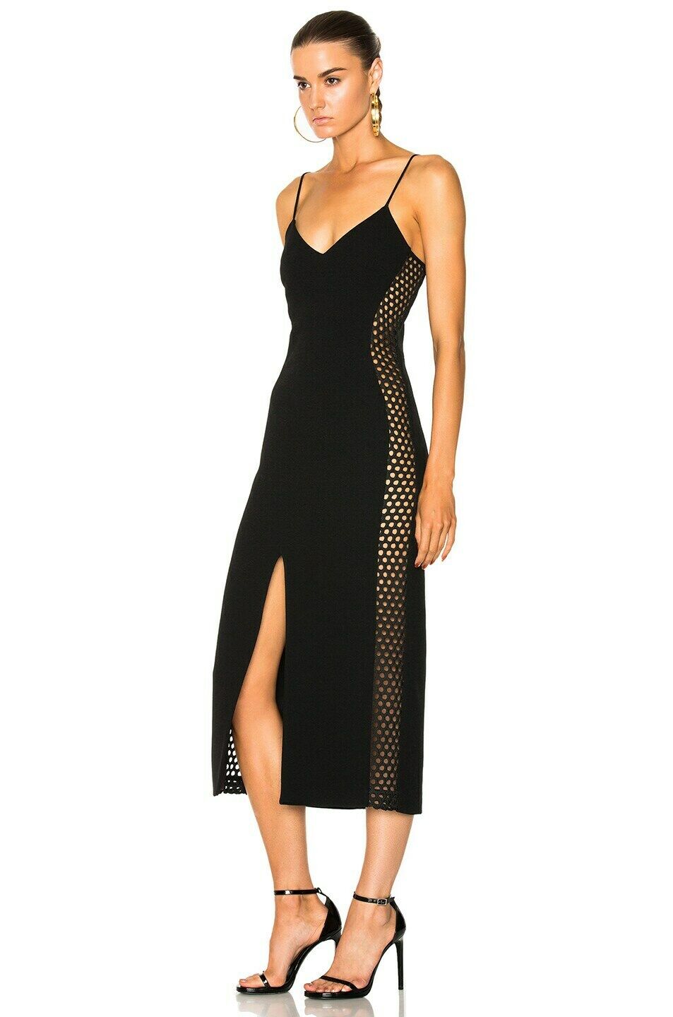 DAVID KOMA Side Panel Midi Slit Leg Black Strappy Dress - House Of Huntington
