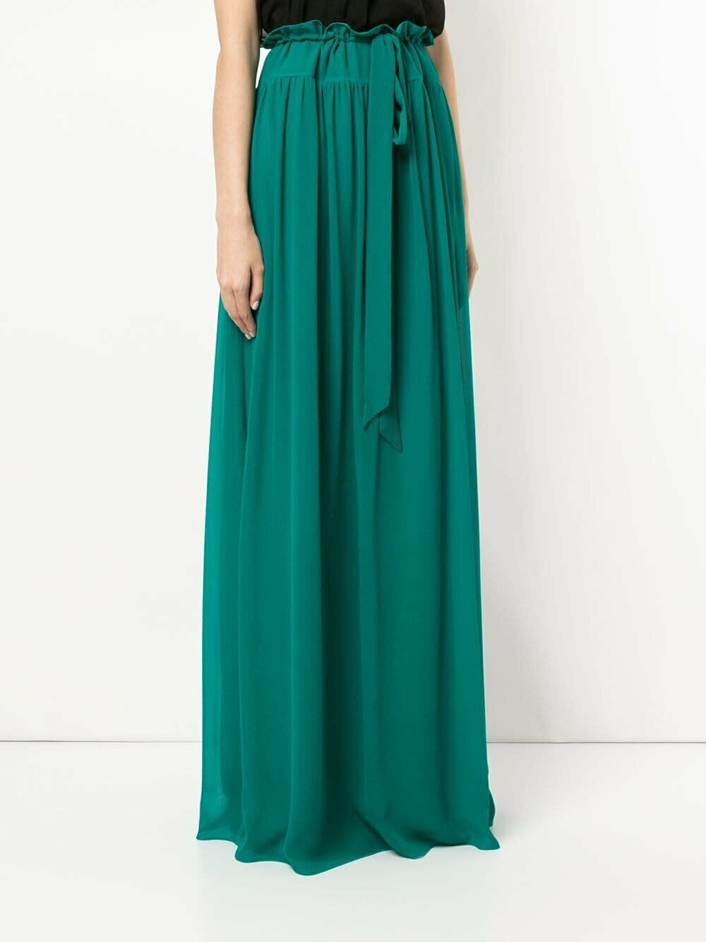 LANVIN Green Pleat Silk Crepe Long Maxi Tie-Waist Skirt
