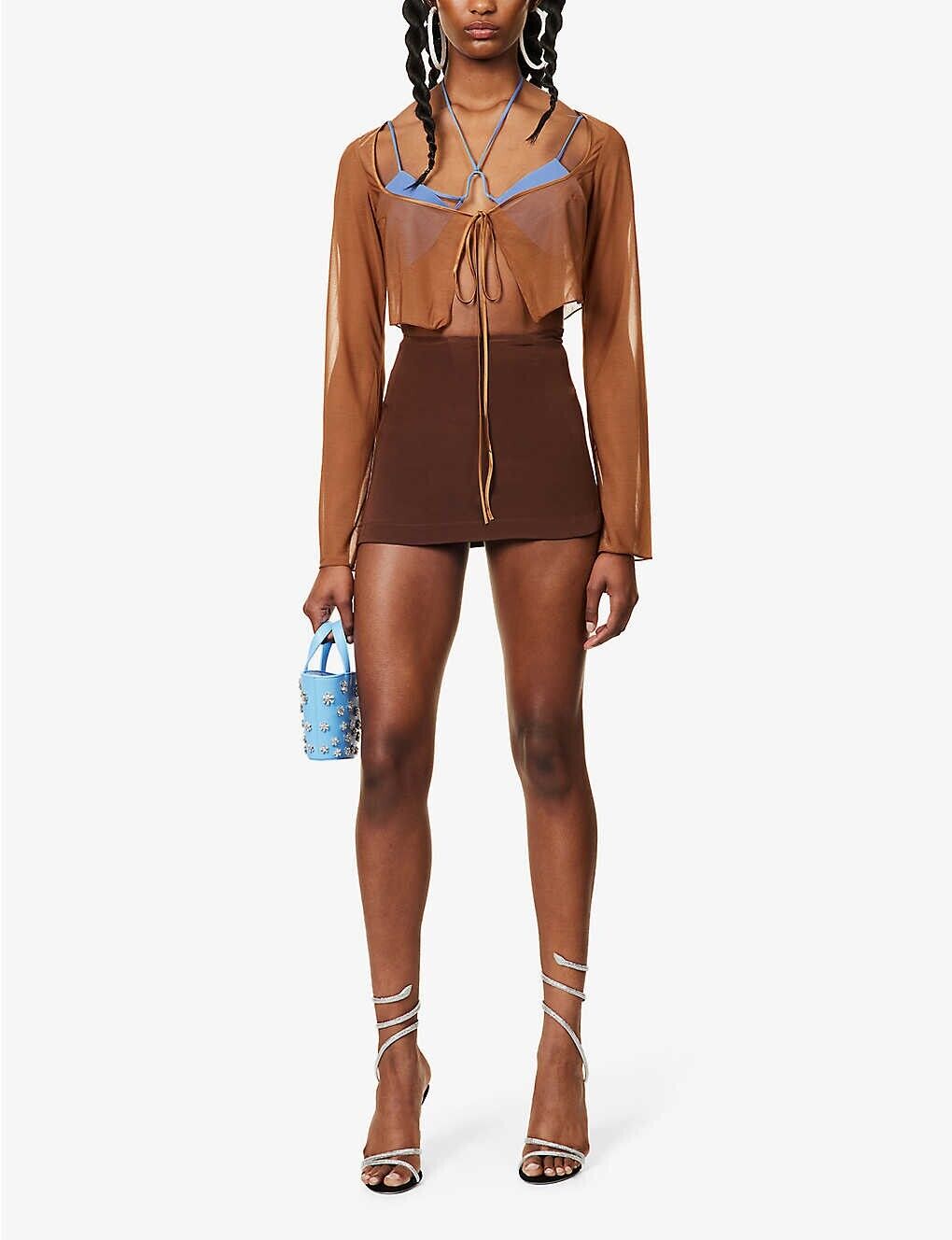 MIRROR PALAIS Caramel Brown Sheer Silk Tie Corset Cover Top - House Of Huntington