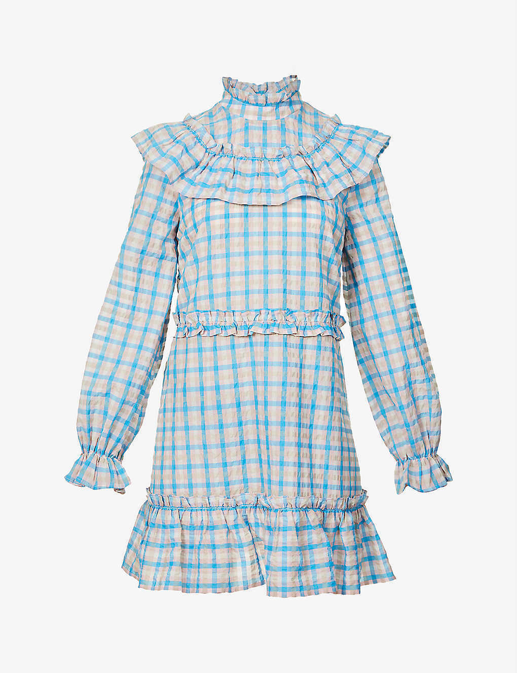 Prairie Pink Gingham Check Seersucker Ruffle High Neck Dress