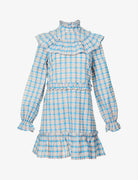GANNI Prairie Pink Blue Gingham Check Seersucker Ruffle High Neck Dress - House Of Huntington