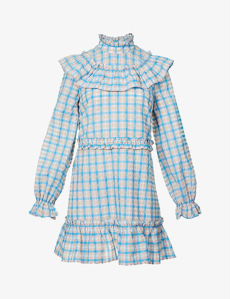 ganni charron mini dress GANNI Prairie Pink Blue Gingham Check Seersucker Ruffle High Neck Dres –  House Of Huntington