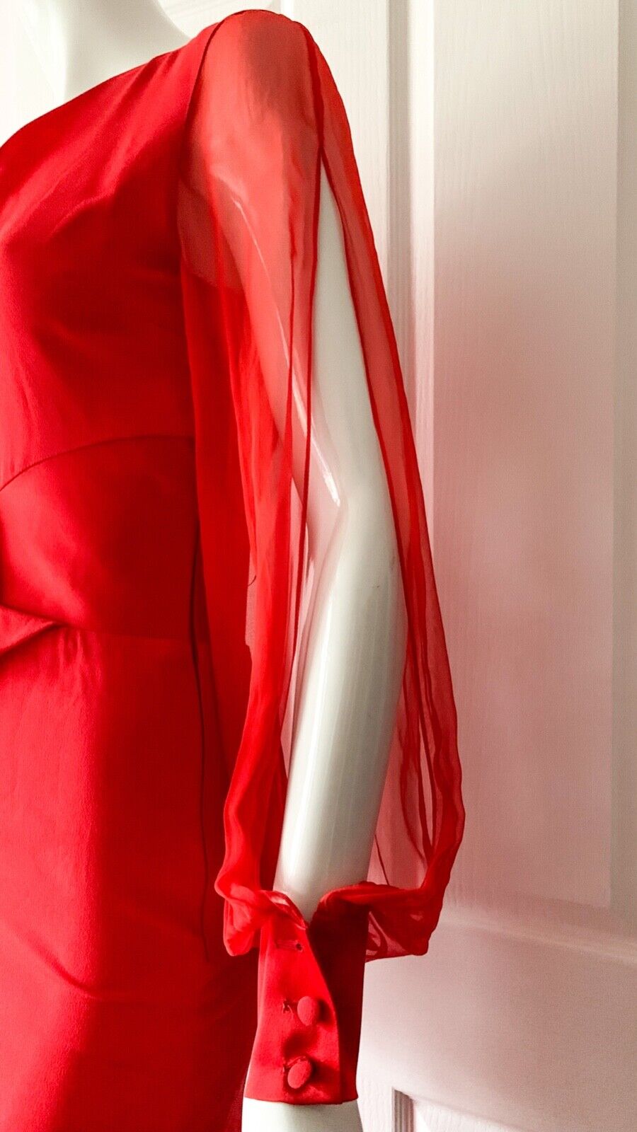 LANVIN Red Sheer Sleeve Drape Detail Long Gown