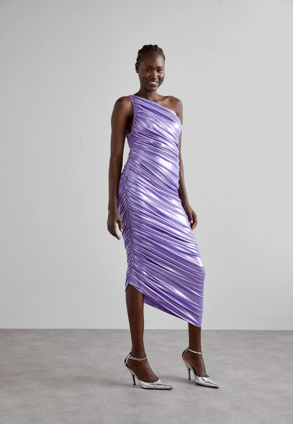 NORMA KAMALI Diana Ruched Stretch Woven Shiny Maxi Gown Dress - House Of Huntington