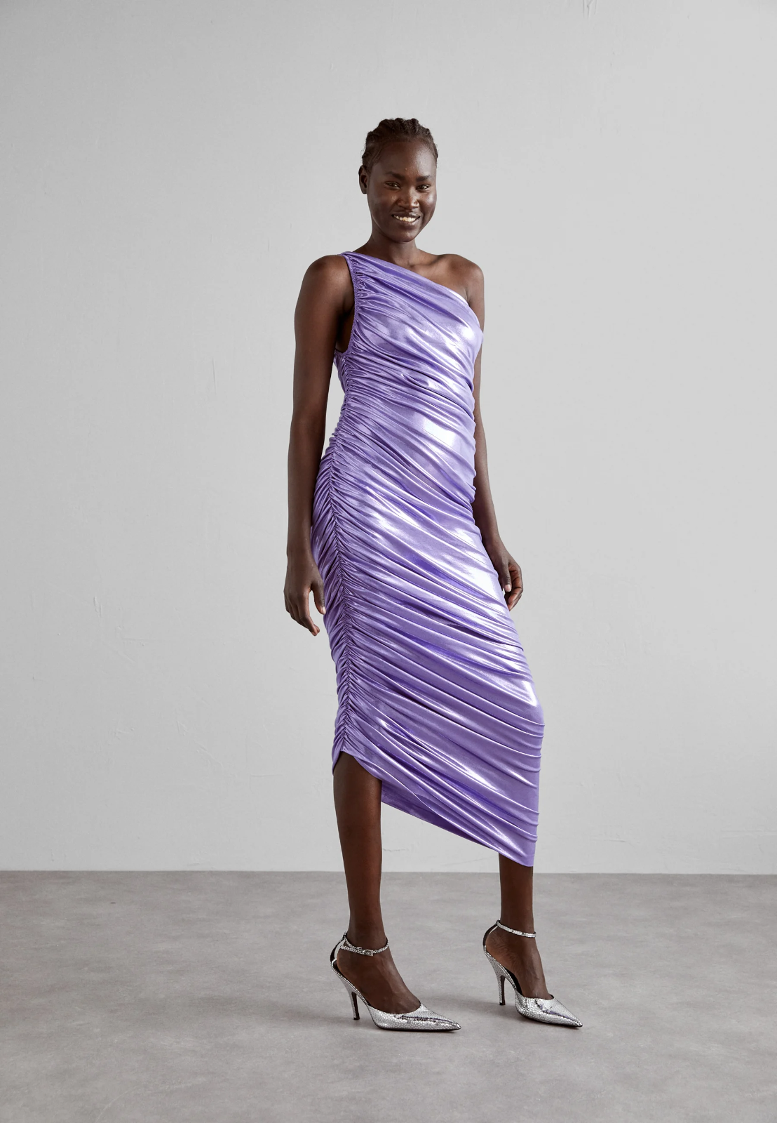 NORMA KAMALI Diana Ruched Stretch Woven Shiny Maxi Gown Dress - House Of Huntington