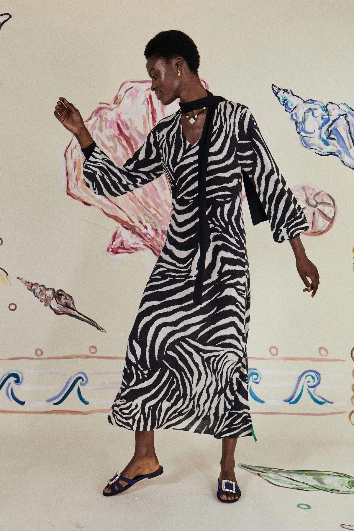 Rixo London Mono Beth Zebra Print Silk Knit Tie-Up Neck Detail Midi Dress - House Of Huntington