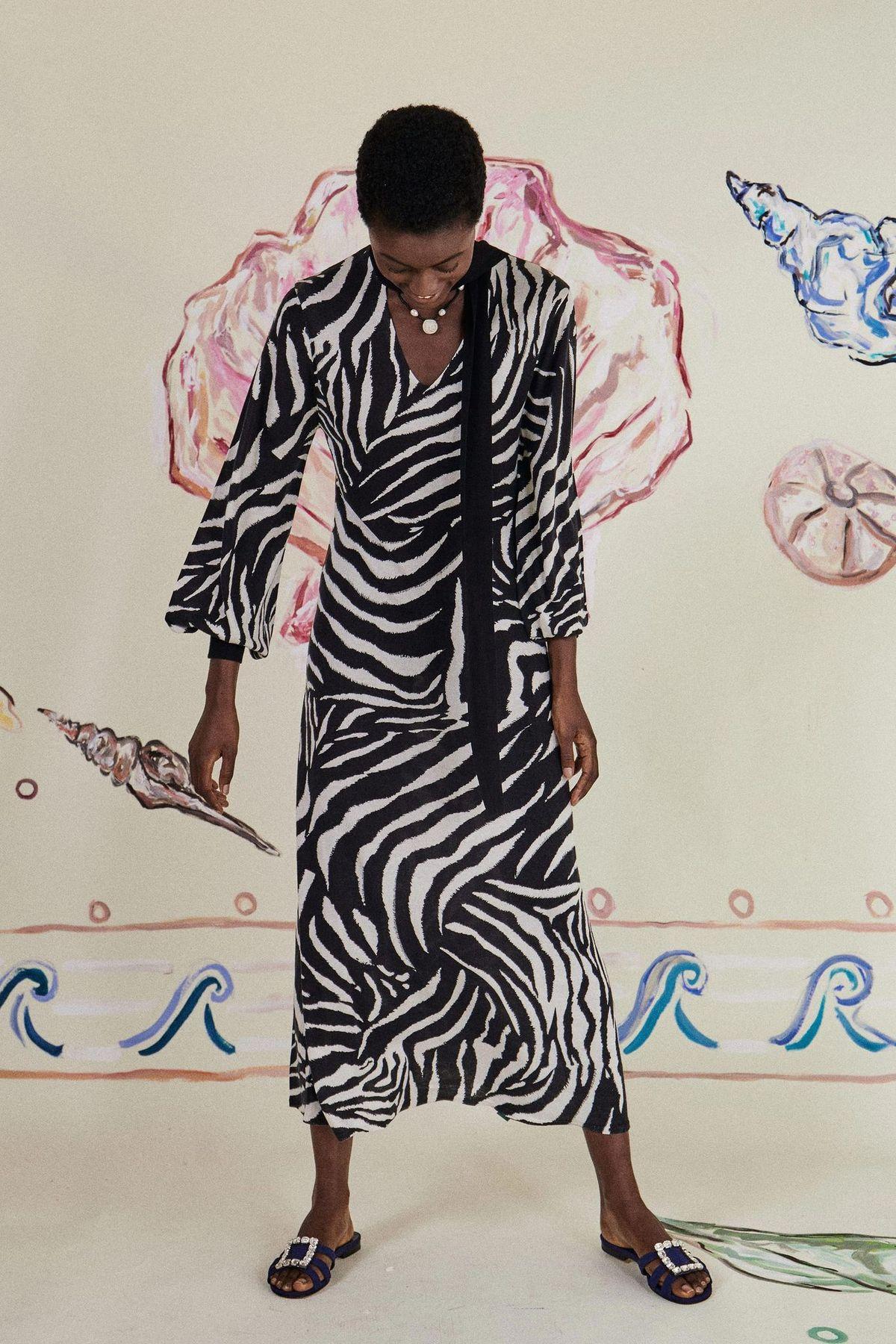 Rixo London Mono Beth Zebra Print Silk Knit Tie-Up Neck Detail Midi Dress - House Of Huntington