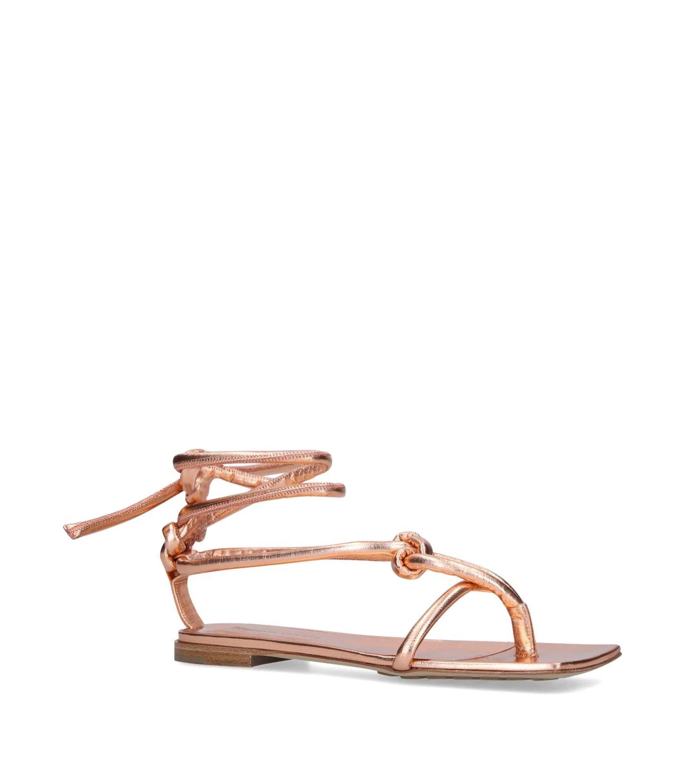 Bottega Veneta Rose Gold Square Toe Knotted Leather Sandals Flats