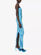DI PETSA Venus Graphic Print Stretch Blue Tube Greek Goddess Midi Dress - House Of Huntington