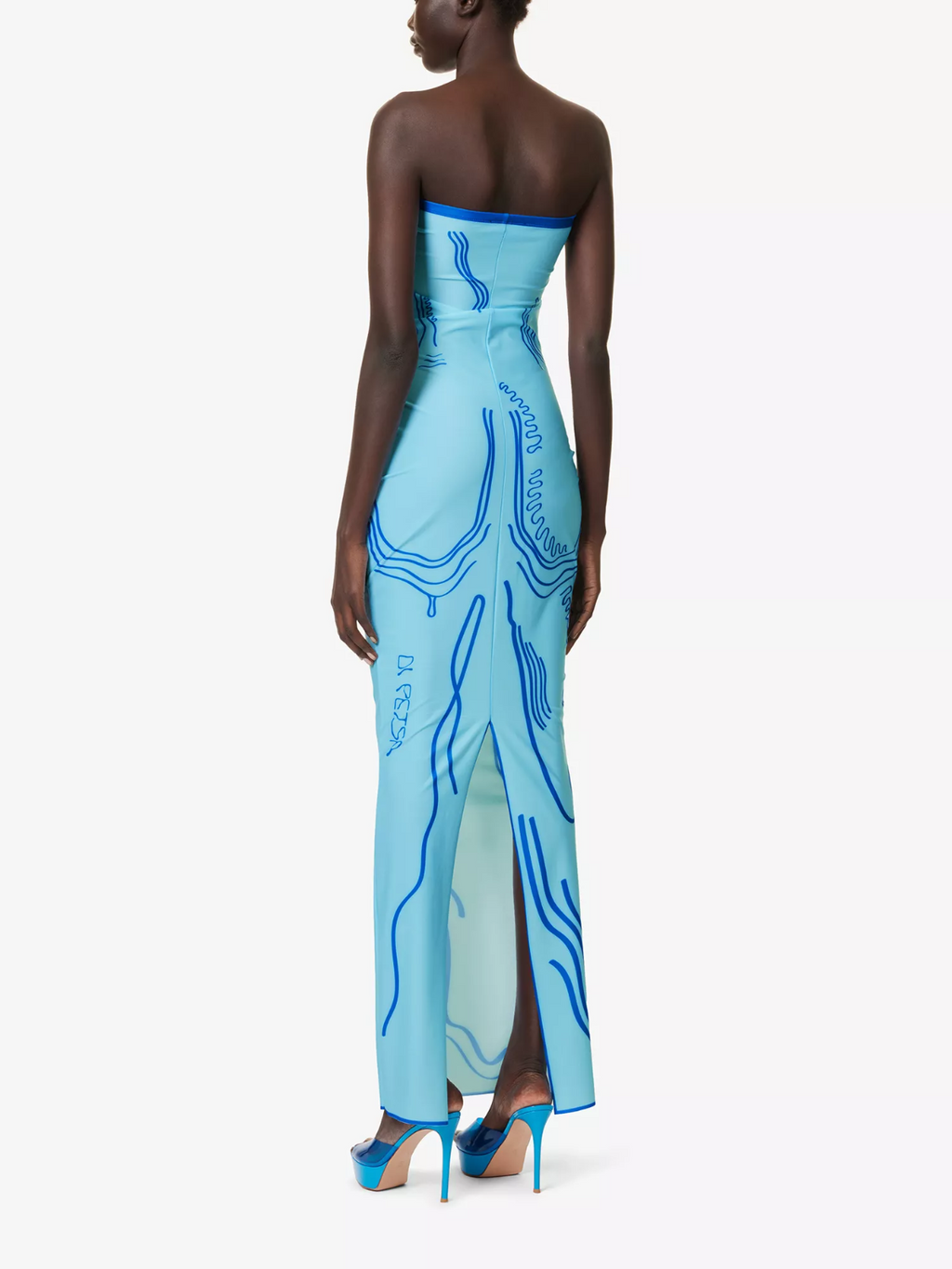 DI PETSA Venus Graphic Print Stretch Blue Tube Greek Goddess Midi Dress - House Of Huntington