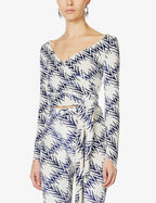 MAISIE WILEN Dramady Blue White Abstract Print Velour Wrap Top - House Of Huntington