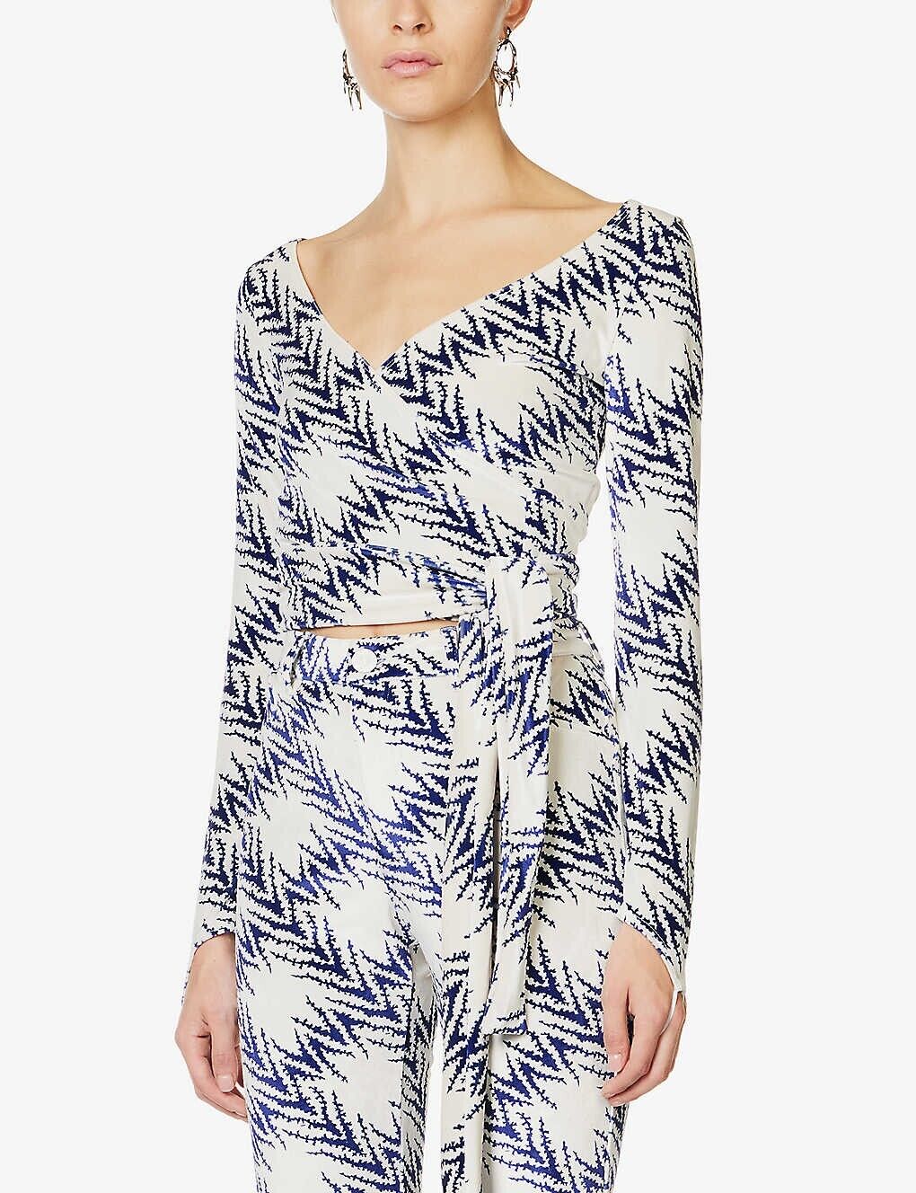 MAISIE WILEN Dramady Blue White Abstract Print Velour Wrap Top - House Of Huntington