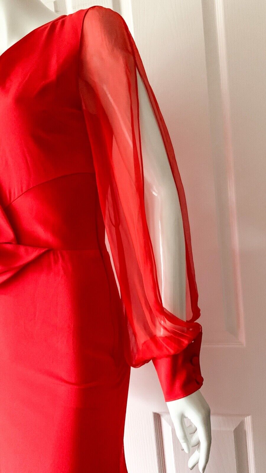 LANVIN Red Sheer Sleeve Drape Detail Long Gown