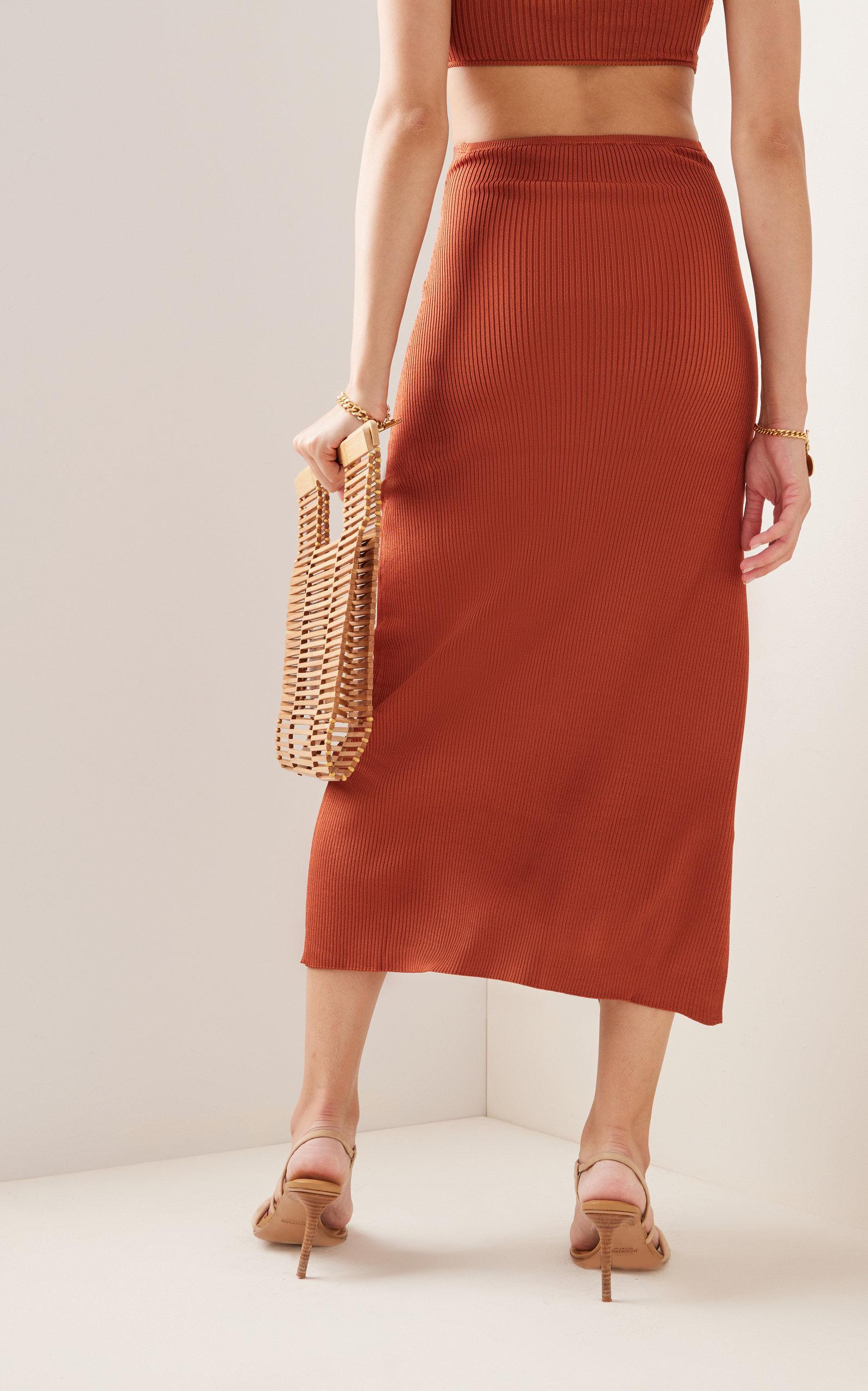 Cult Gaia Kana Ribbed Knit Twist Detail Slit Skirt in Amber - House Of Huntington