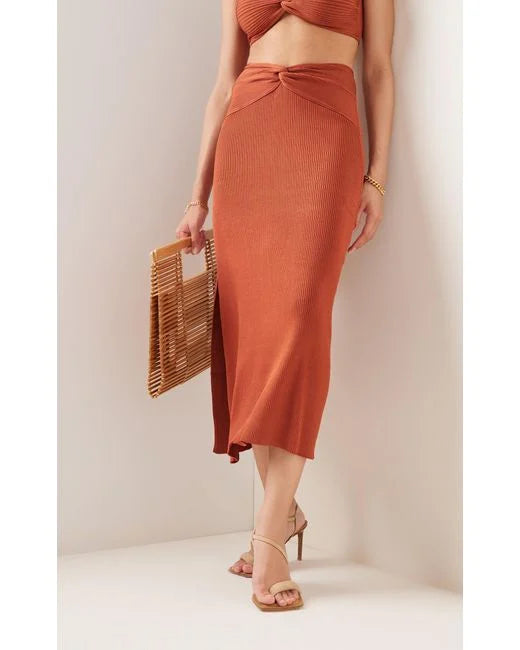 Cult Gaia Kana Ribbed Knit Twist Detail Slit Skirt in Amber - House Of Huntington