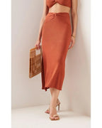 Cult Gaia Kana Ribbed Knit Twist Detail Slit Skirt in Amber - House Of Huntington