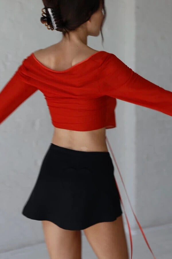 MIRROR PALAIS Scarlet Red Sheer Cover Blouse Crop Top - House Of Huntington