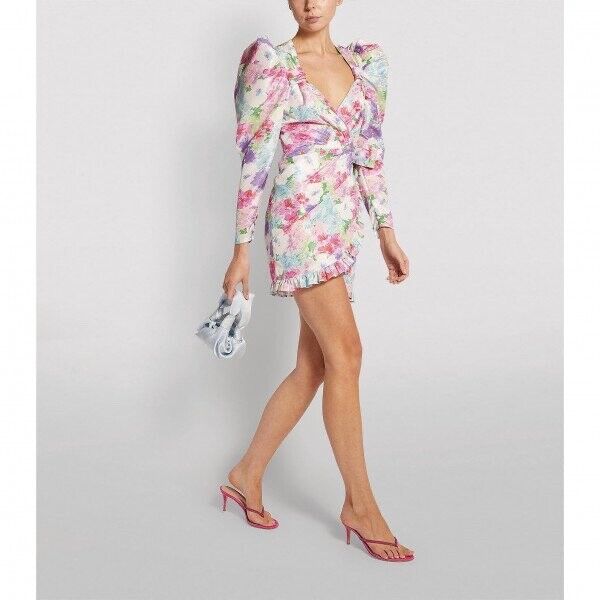 ALESSANDRA RICH Floral Print Taffeta Bow Front Ruffle Detail Mini Dress - House Of Huntington