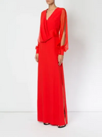LANVIN Red Sheer Sleeve Drape Detail Long Gown