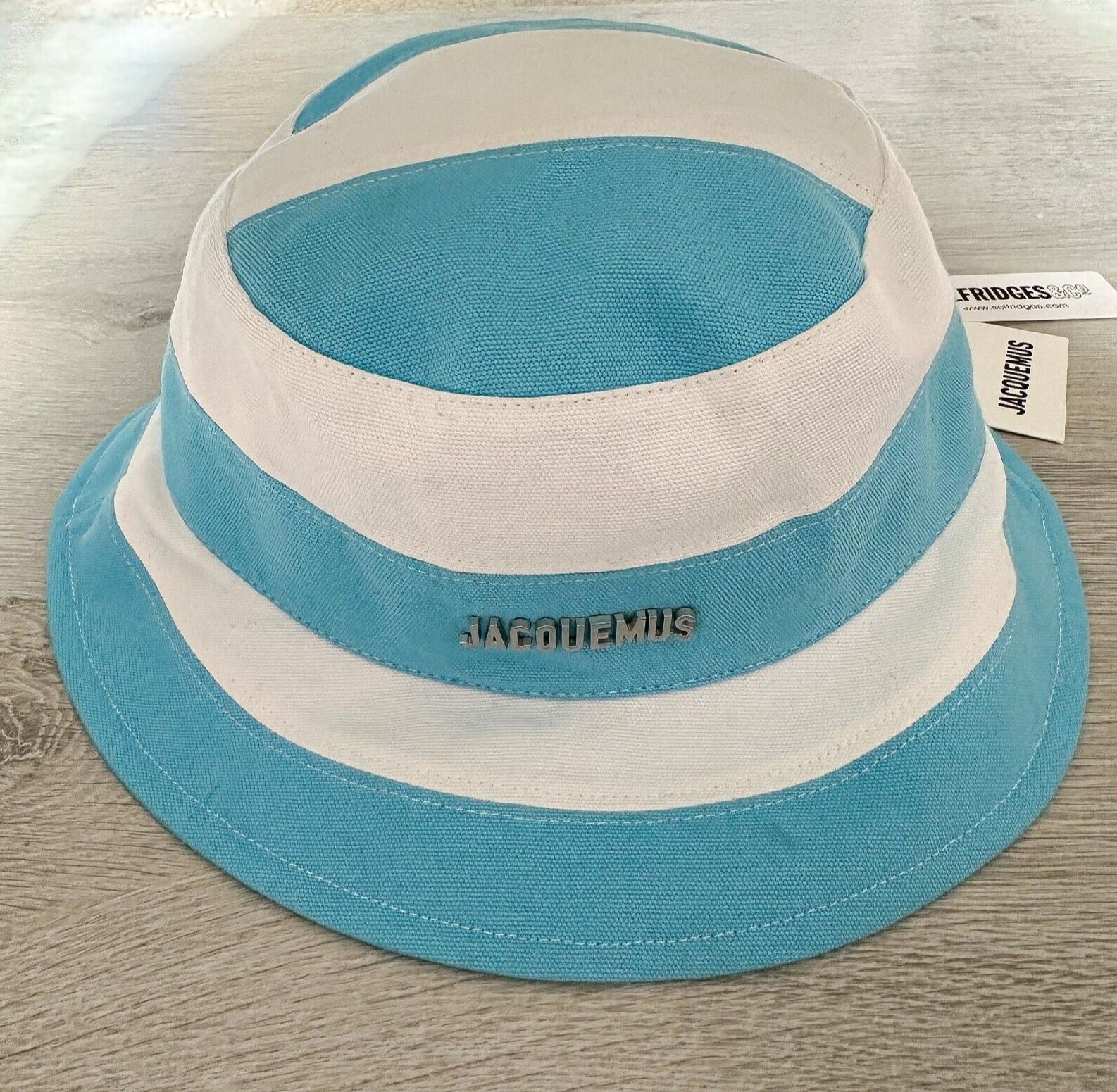 JACQUEMUS Logo Embossed Blue White Stripe Bucket Hat Le Bob Rayures