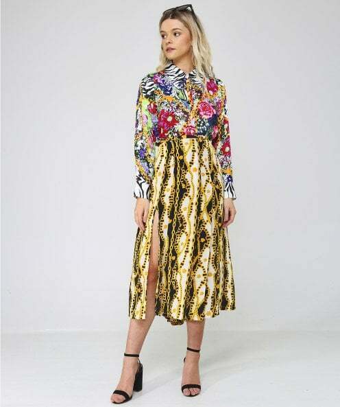 Rixo London Georgia Gold Shell Chain Print Slit Leg Silk Midi Skirt - House Of Huntington