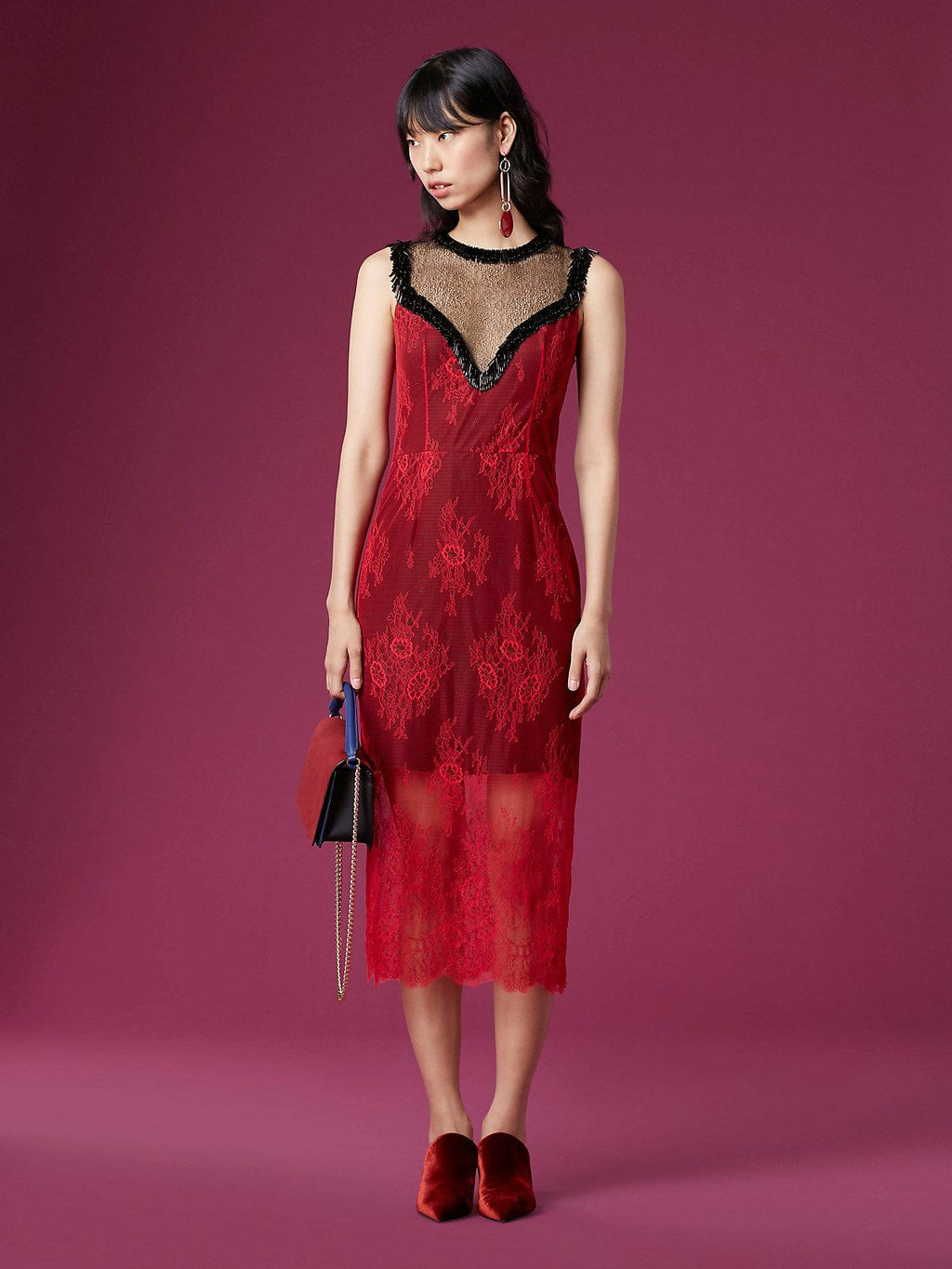 Diane Von Furstenberg DVF Red Floral Beaded Lace Dress - House Of Huntington