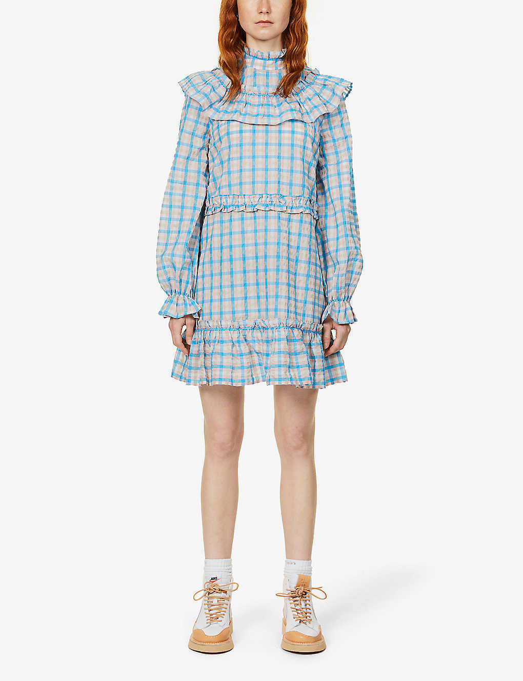 GANNI Prairie Pink Blue Gingham Check Seersucker Ruffle High Neck Dress - House Of Huntington
