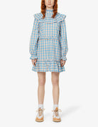 GANNI Prairie Pink Blue Gingham Check Seersucker Ruffle High Neck Dress - House Of Huntington