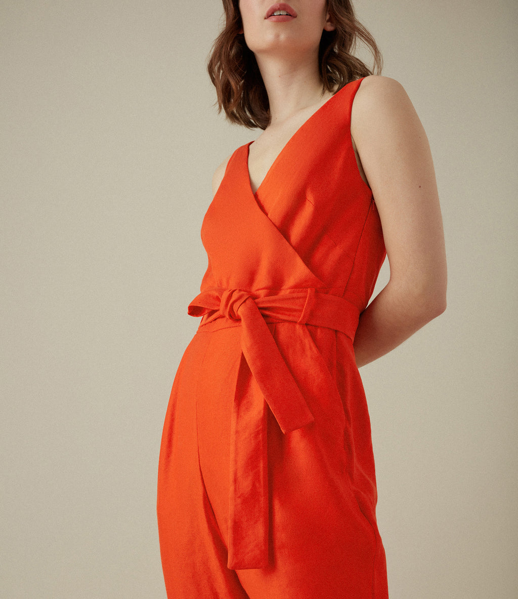 Karen Millen Orange Cinched Waist V Neck Linen Blend Jumpsuit - House Of Huntington