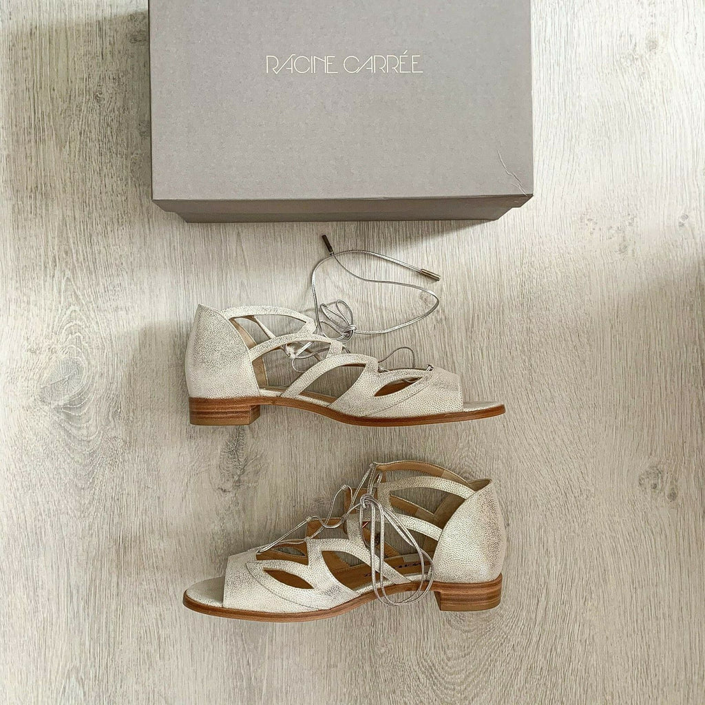 RACINE CARRÉE Silver Cut Out Lace Strappy Sandals Flats - House Of Huntington