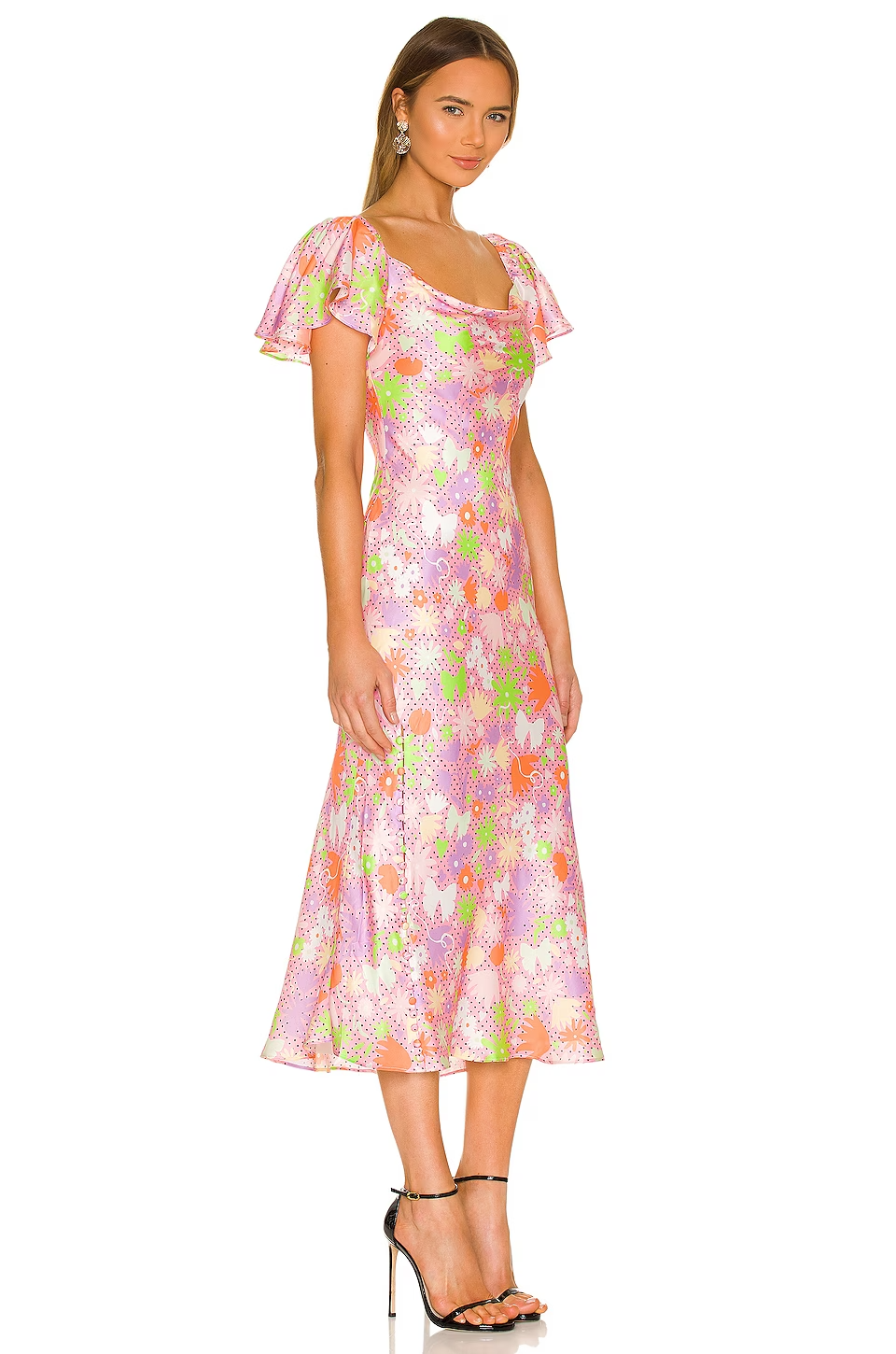 OLIVIA RUBIN Pink Satin Floral Polka Dot Amelia Midi Dress - House Of Huntington