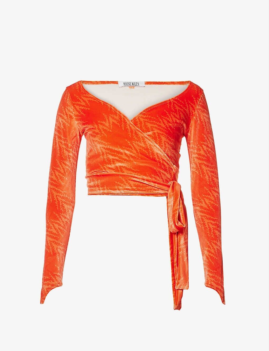 MAISIE WILEN Dramady Orange Abstract Print Velour Wrap Top - House Of Huntington
